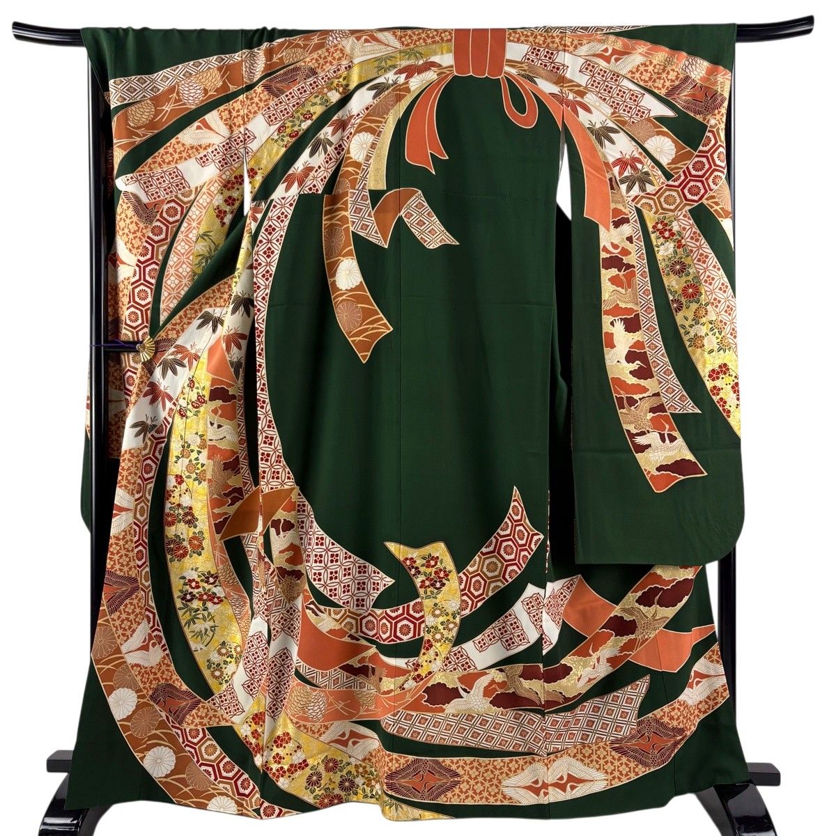 振袖 身丈164cm 裄丈68cm L 袷 鈴乃屋 束ね熨斗 鶴 金糸 金彩 緑 正絹 名品 【中古】