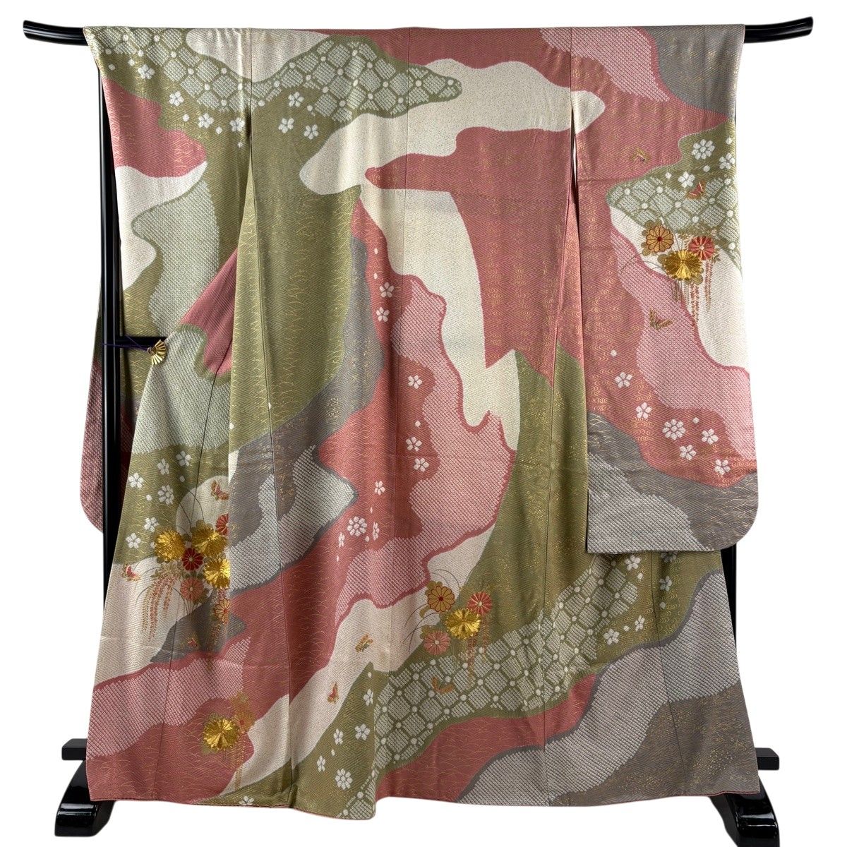 振袖 身丈166.5cm 裄丈68.5cm L 袷 鈴乃屋 菊 霞 刺繍 絞り ピンク 正絹 名品 【中古】