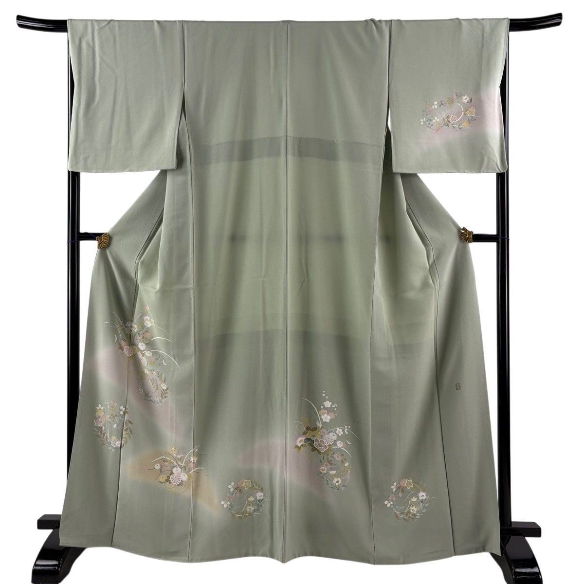 【美品】 付下げ 身丈166cm 裄丈67.5cm L 袷 落款 花丸文 花籠 ぼかし 灰緑 正絹 名品 【中古】