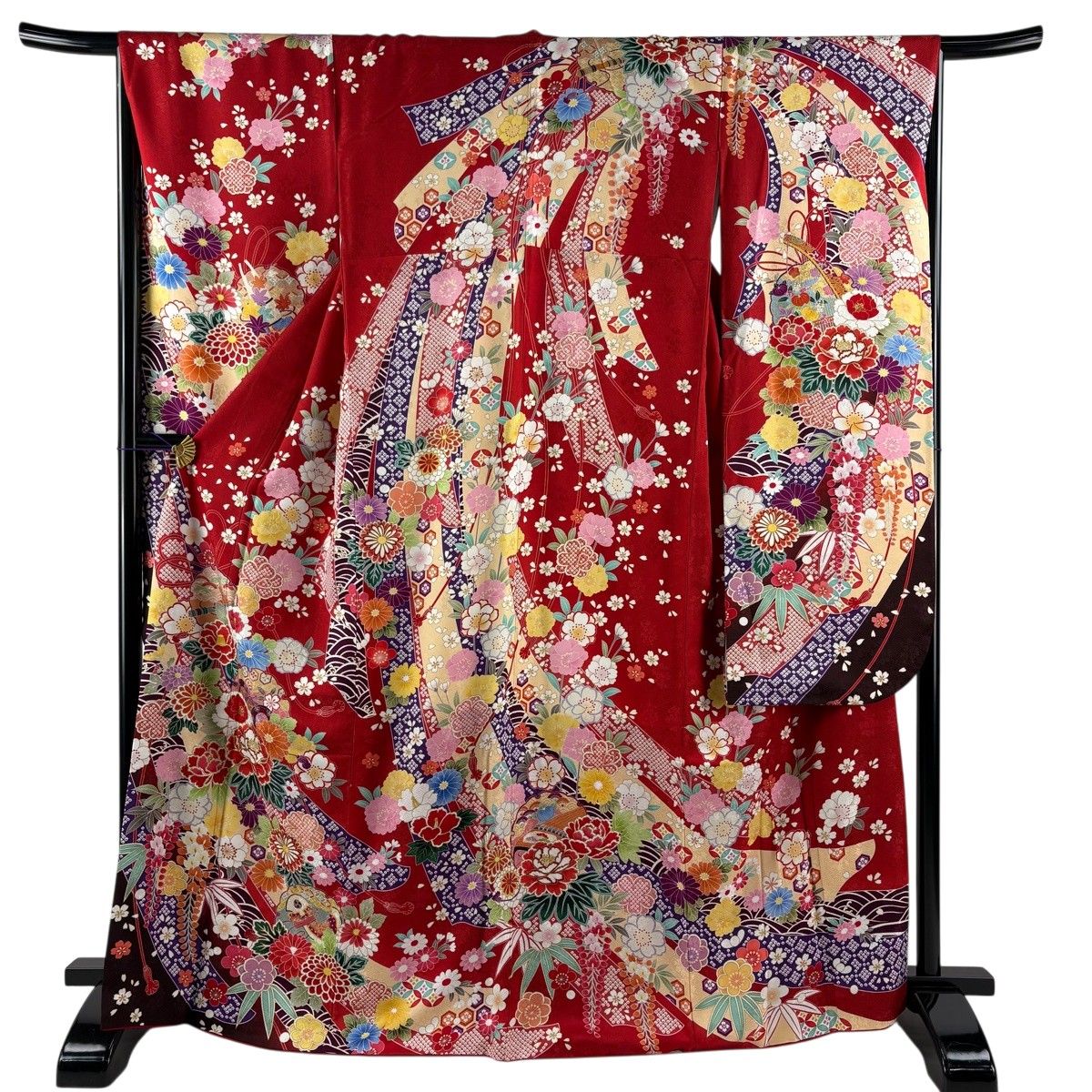 【美品】 振袖 身丈167cm 裄丈65.5cm M 袷 束ね熨斗 草花 金彩 赤 正絹 名品 【中古】