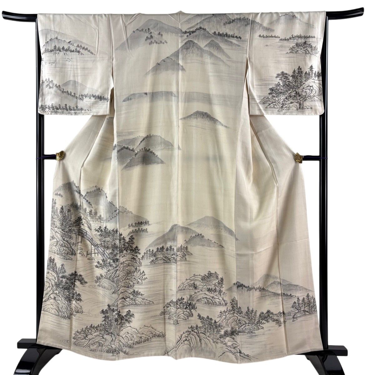 訪問着 身丈162.5cm 裄丈64cm M 袷 紬地 風景 橋 刺繍 ベージュ 正絹 名品 【中古】