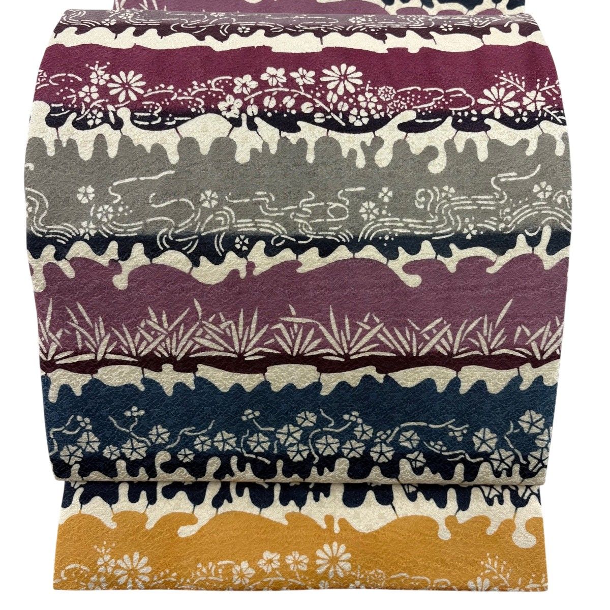 【美品】 開き名古屋帯 名品 草花 流水 紫 正絹 【中古】