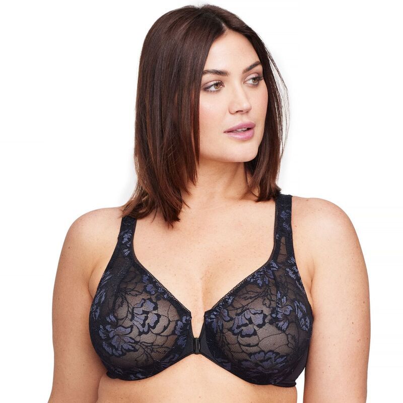 グラマライズ レディース アンダーウェア ブラジャー レース Glamorise FullFigure Wonderwire Front Close Stretch Lace Bra 9246 Bla