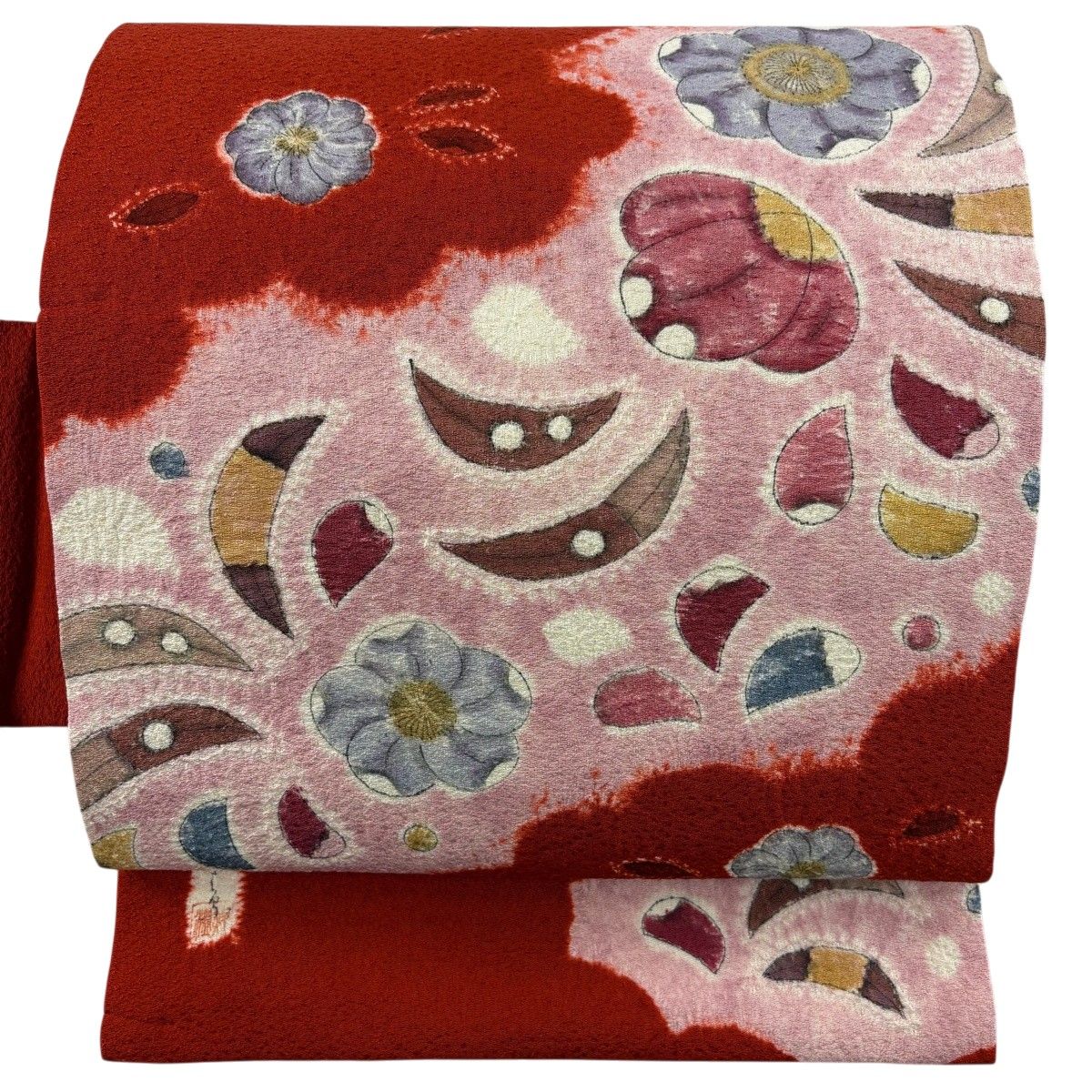 【美品】 名古屋帯 名品 落款 草花 絞り 朱色 正絹 【中古】