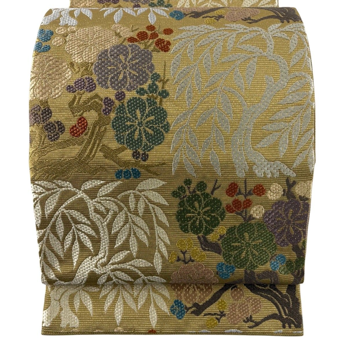 【美品】 袋帯 名品 枝梅 樹木 金糸 薄黄土色 六通 正絹 【中古】