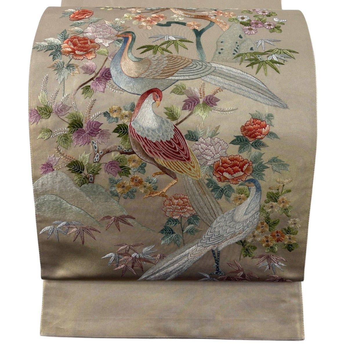 【美品】 袋帯 名品 鳥 草花 刺繍 箔 ベージュ お太鼓柄 正絹 【中古】