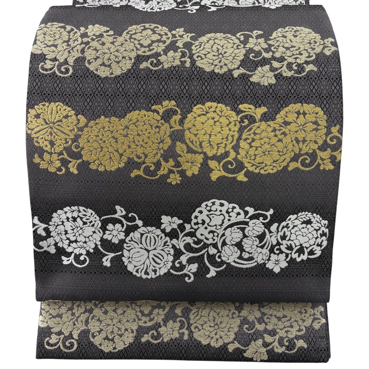 【美品】 袋帯 名品 三眼蚕糸 やまと 草花 花唐草 金糸 灰色 六通 正絹 【中古】