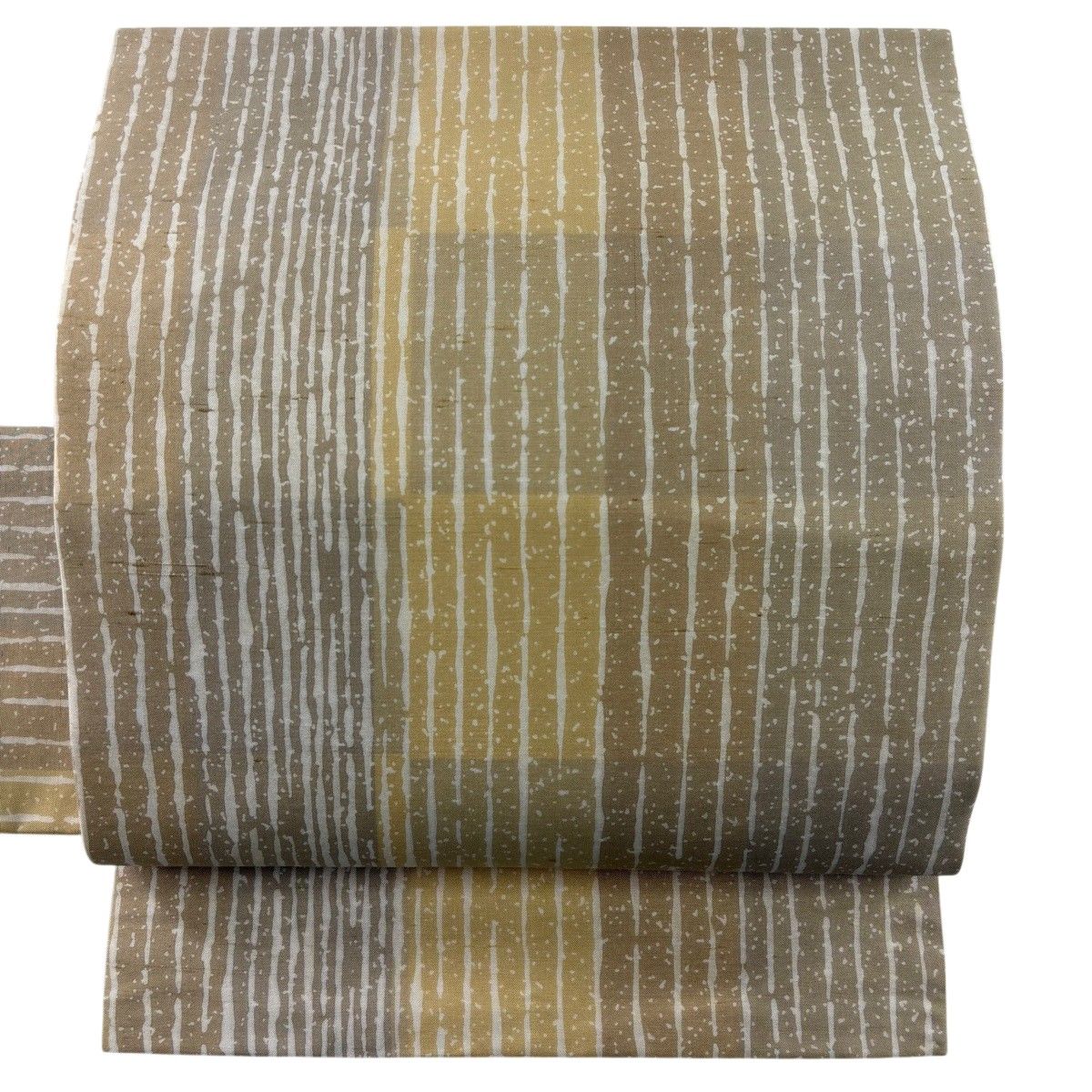 【美品】 名古屋帯 名品 紬地 縞 幾何学 薄茶色 正絹 【中古】