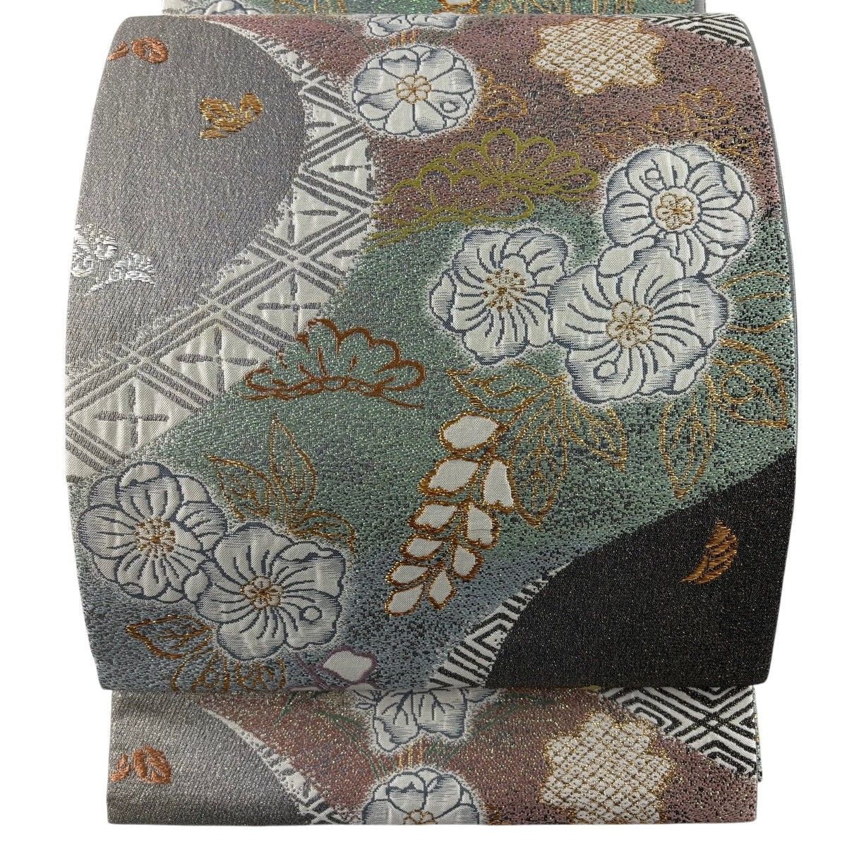 【美品】 袋帯 名品 落款 伝統工芸士 段野猛 草木染辻が花 辻が花 入子菱 箔 薄緑 六通 正絹 【中古】 11,376円