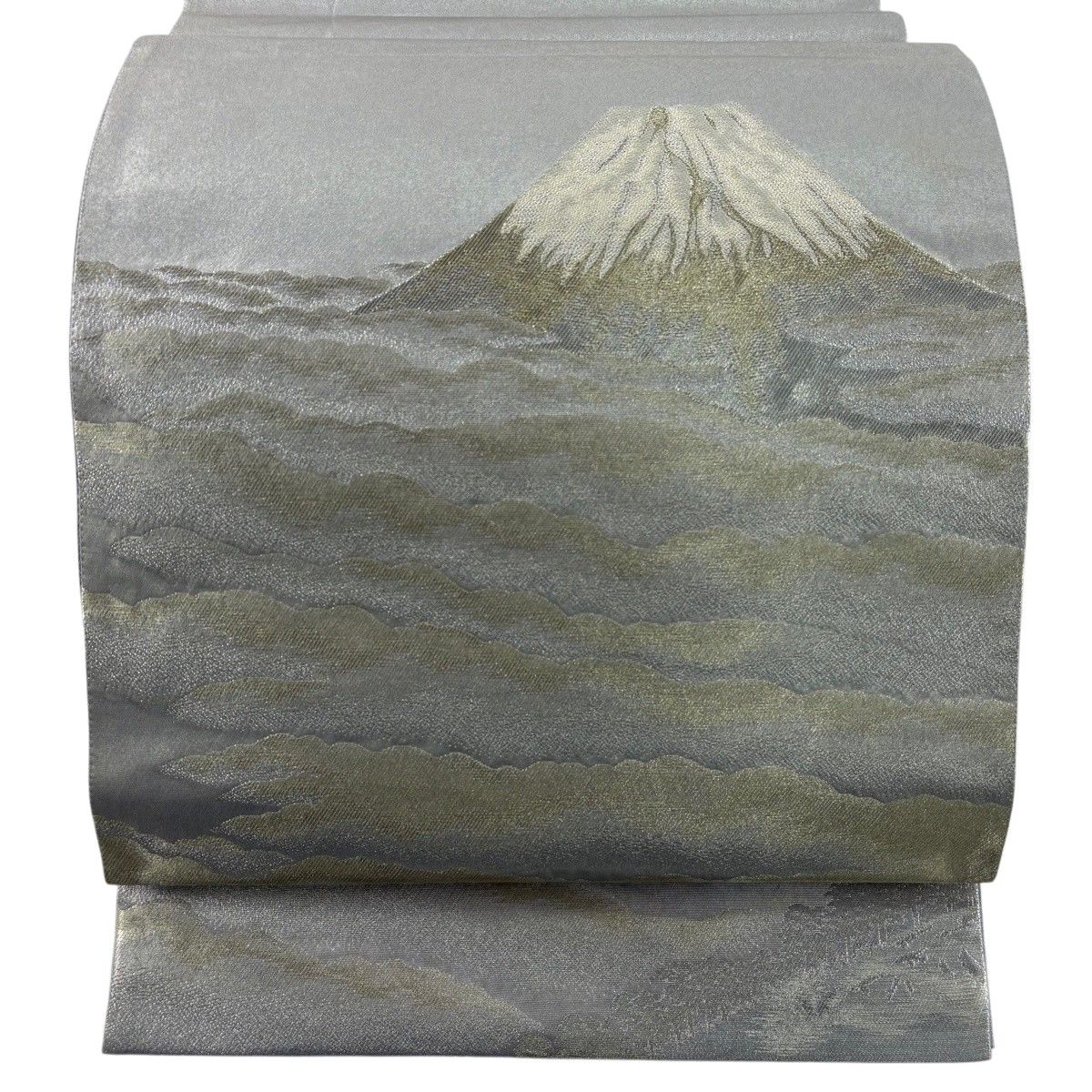袋帯 名品 横山大観 落款 じゅらく 朝陽霊峰 金銀糸 箔 銀色 お太鼓柄 正絹 【中古】