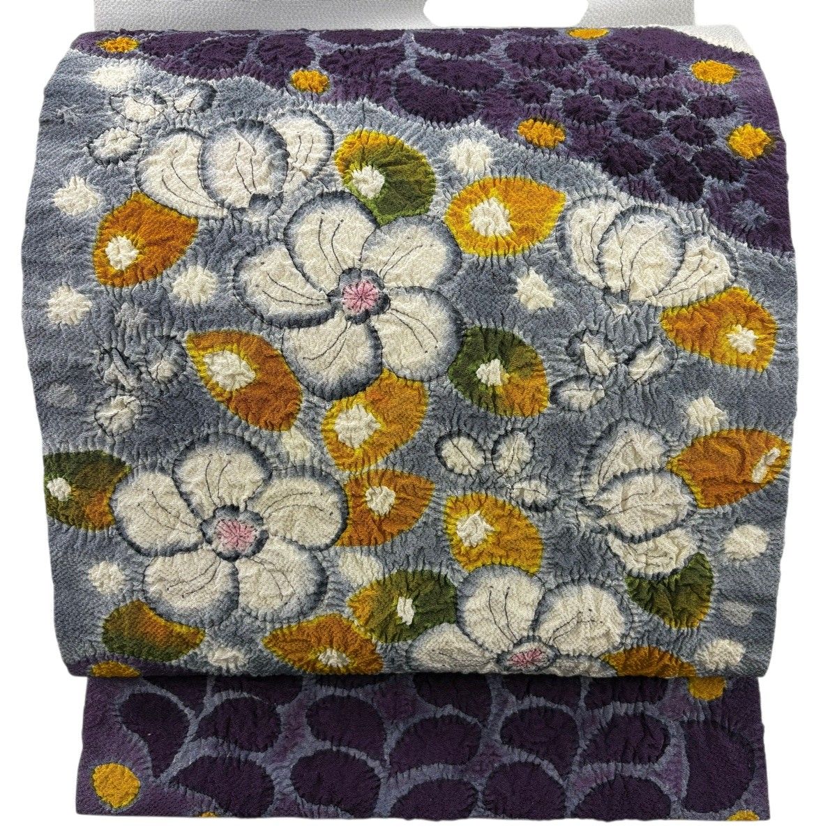 名古屋帯 名品 落款 松葉仕立て 草花 絞り 青灰色 正絹 【中古】