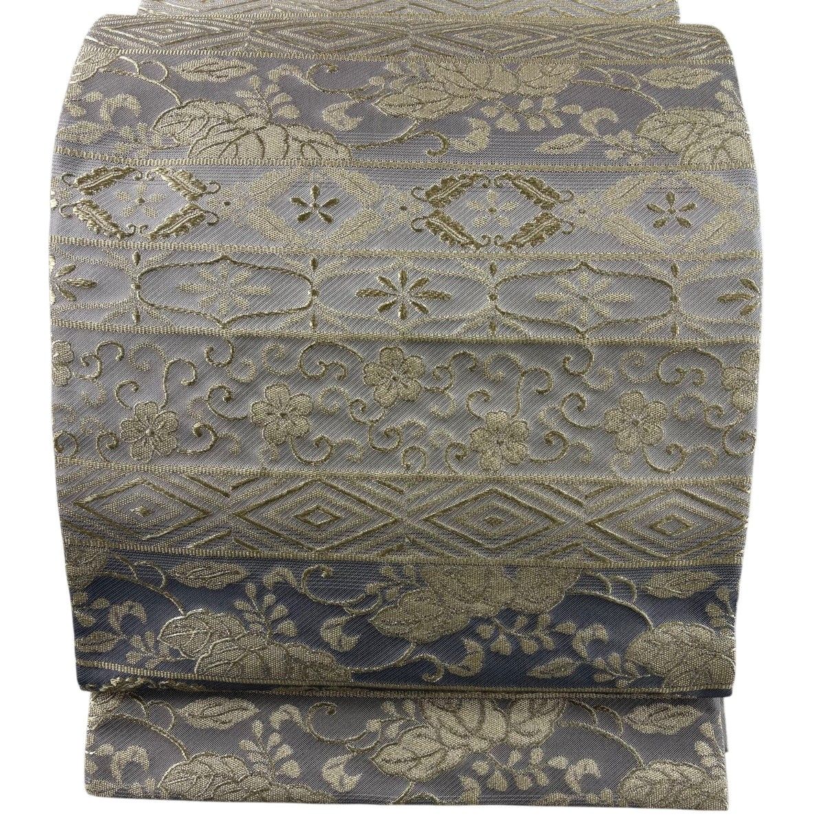 【美品】 袋帯 名品 桐唐草 入子菱 金糸 灰色 全通 正絹 【中古】