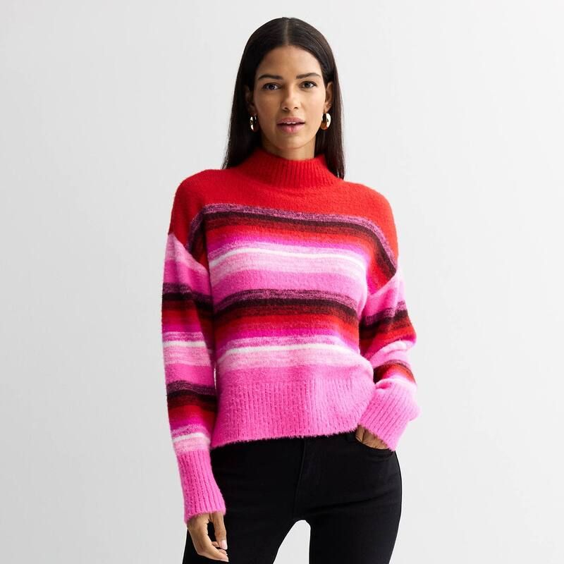 ナインウェスト レディース アウター ニット・セーター Womens Nine West Mock Pullover Sweater Pink Bold Lena Stripe ピンク