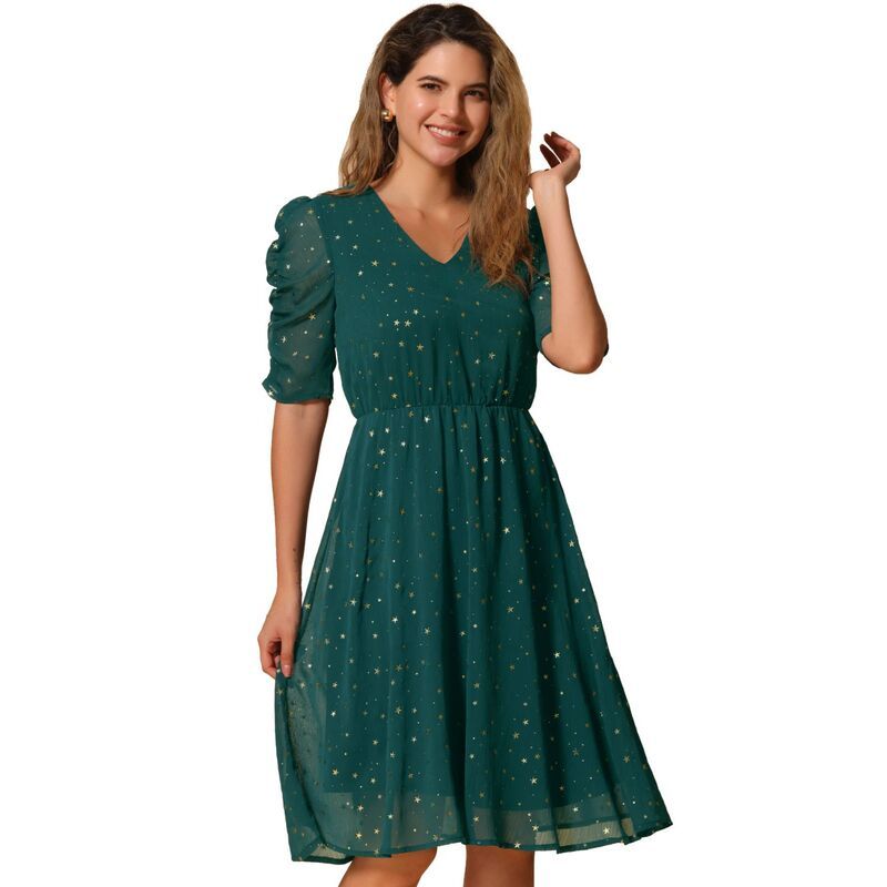 アレグラ ケー レディース トップス ワンピース Vネック シフォン A ライン ギャザー トール ALLEGRA K Chiffon Dress for Womens Metallic Stars