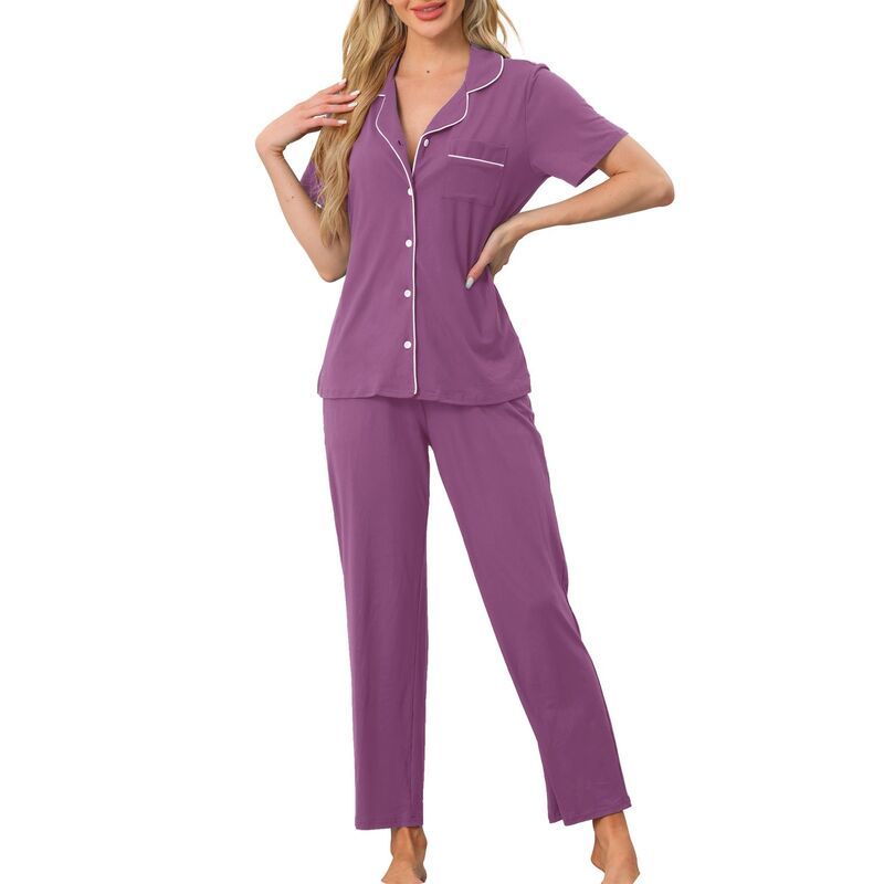 cheibear レディース アンダーウェア ナイトウェア ボタンダウン シャツ ダウン cheibear Womens Button Down Pajama Set Short Sleeve Shi