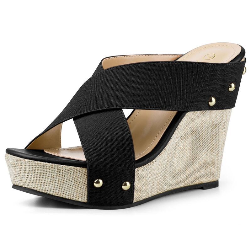 アレグラ ケー レディース シューズ サンダル プラットフォーム リネン ALLEGRA K Womens Open Toe Linen Platform Slide Wedge Sandals Bl