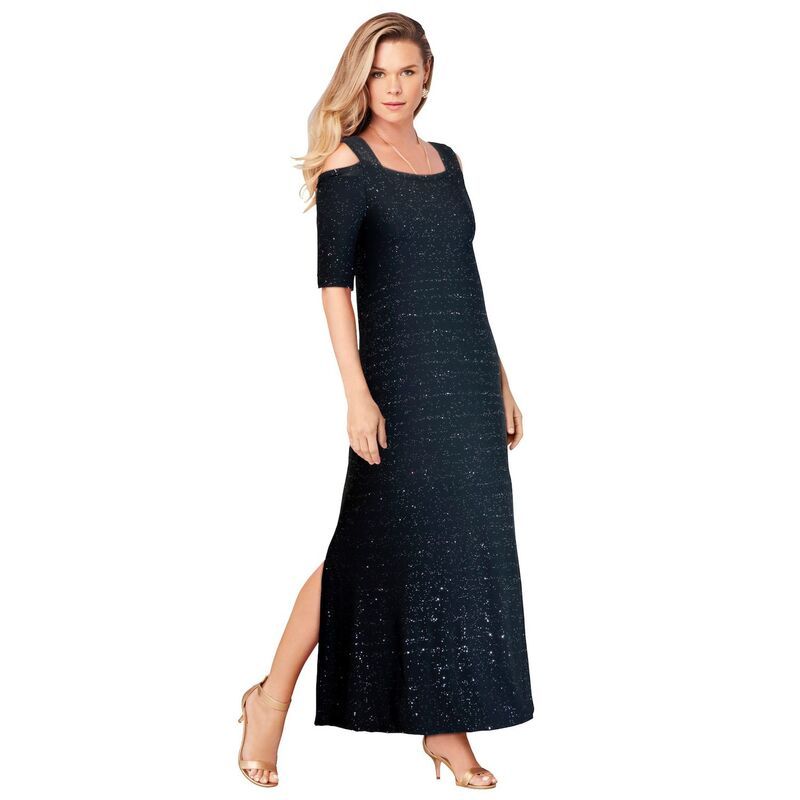 ロアマンズ レディース トップス ワンピース プラスサイズ マキシ Roamans Womens Plusize Cold Shoulder Maxi Dress Black Sparkle ブラック
