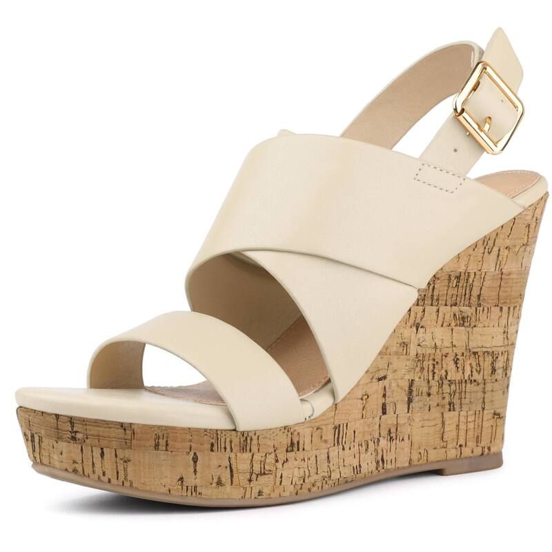 アレグラ ケー レディース シューズ サンダル プラットフォーム ALLEGRA K Womens Wood Strappy Platform Wedge Sandals Beige ベージュ