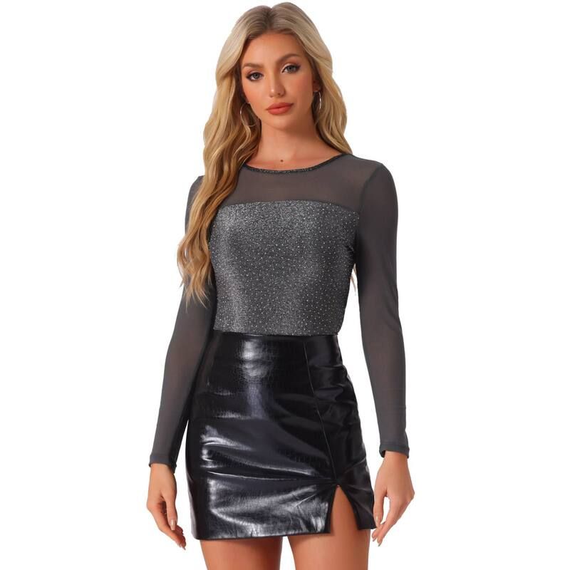 アレグラ ケー レディース トップス Tシャツ メッシュ ブラウス ALLEGRA K Shiny Mesh Tops for Womens Glitteround Neck Long Sleeve
