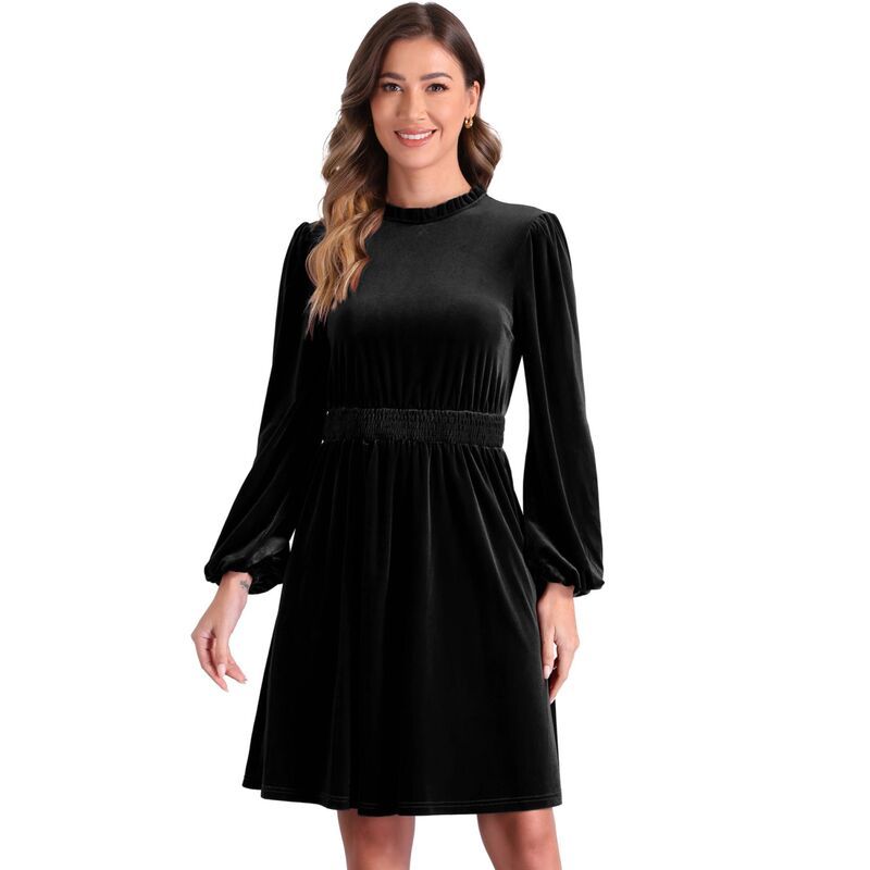 アレグラ ケー レディース トップス ワンピース ベルベット シャーリング ALLEGRA K Velvet Dresses for Womensmocked Waistline Long Sleev