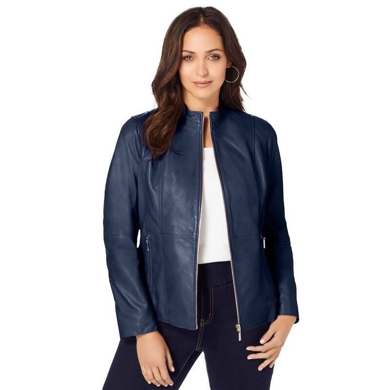 ジェシカロンドン レディース アウター ジャケット・ブルゾン プラスサイズ レザー Jessica London Womens Plusize Zip Front Leather Jacket Nav