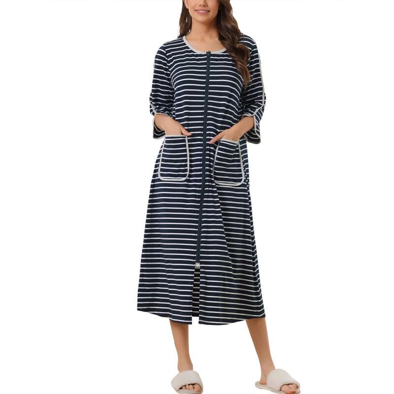 cheibear レディース アンダーウェア ナイトウェア cheibear Womens Zip Front Robe 34 Sleeve Striped Long Bathrobe Dress P