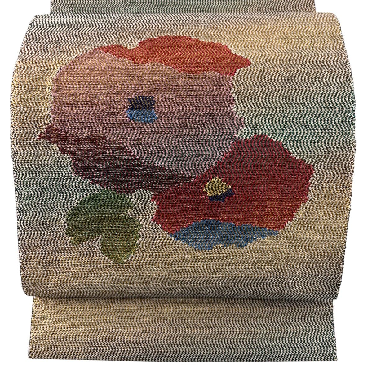 【美品】 名古屋帯 名品 証紙 八寸名古屋帯 天然草木染 すくい綟り帯 博多織 草花 箔 赤紫 正絹 【中古】