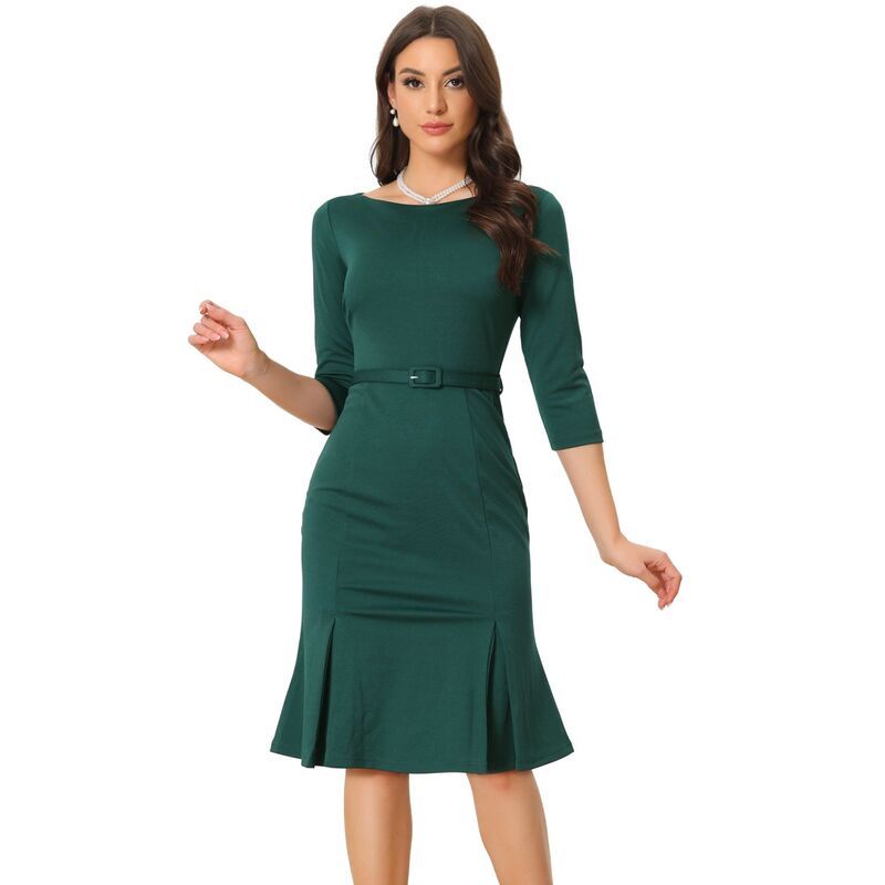 アレグラ ケー レディース トップス ワンピース プリーツ ミディ ALLEGRA K Business Elegant Dresses For Womens Boat Neck Half Sleev