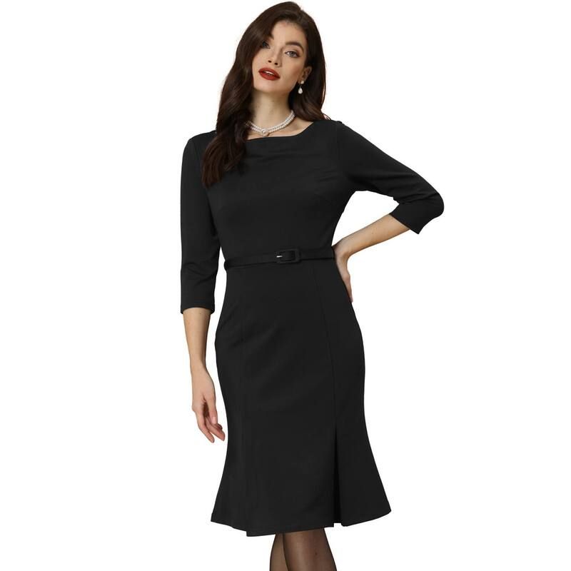 アレグラ ケー レディース トップス ワンピース プリーツ ミディ ALLEGRA K Business Elegant Dresses For Womens Boat Neck Half Sleev