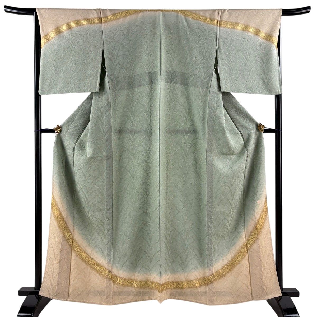 【美品】 訪問着 身丈163cm 裄丈66cm M 単衣 北出与三郎 落款 地紋 幾何学模様 金彩 灰緑 正絹 逸品 【中古】