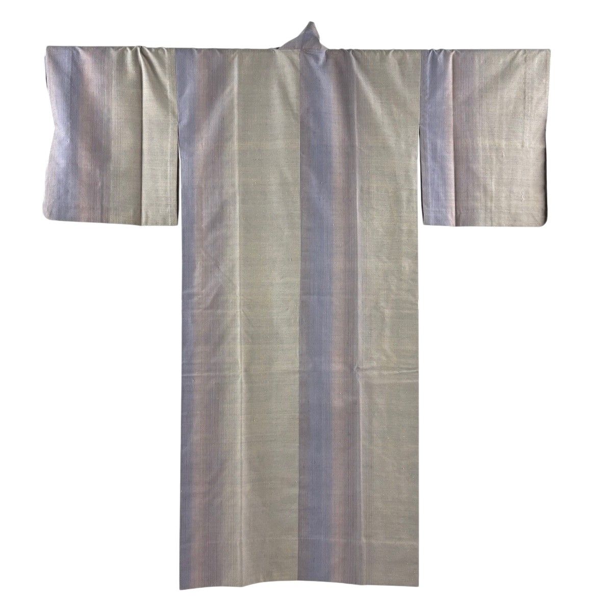【美品】 道中着 身丈136.5cm 裄丈66cm M 紬地 和装コート 着物衿 縞 灰色 正絹 逸品 【中古】