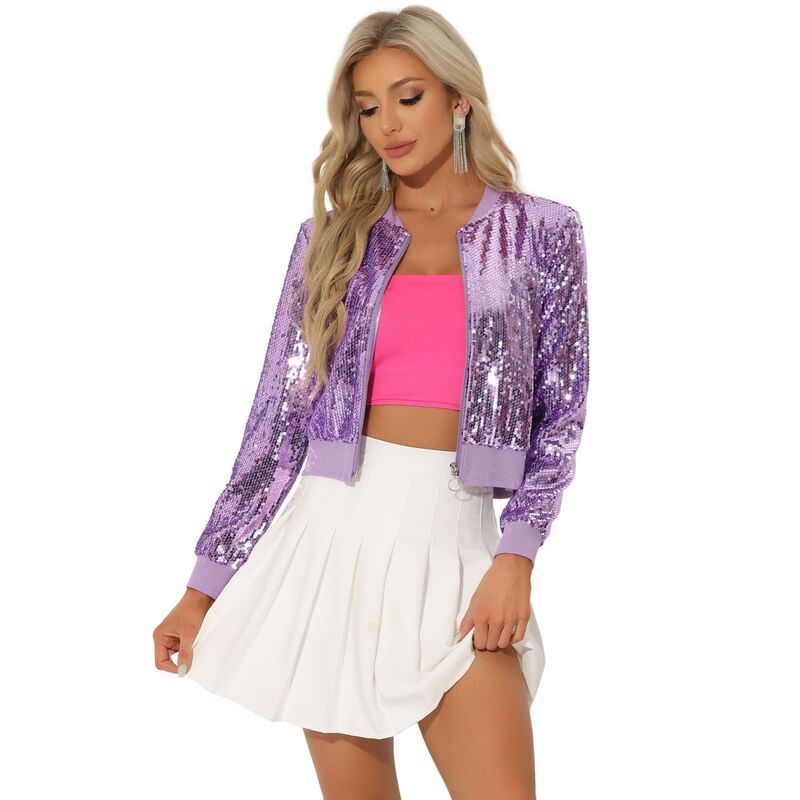 アレグラ ケー レディース アウター ジャケット・ブルゾン スパンコール クロップド ALLEGRA K Womensequin Party Long Sleeve Zipper Up Cropped