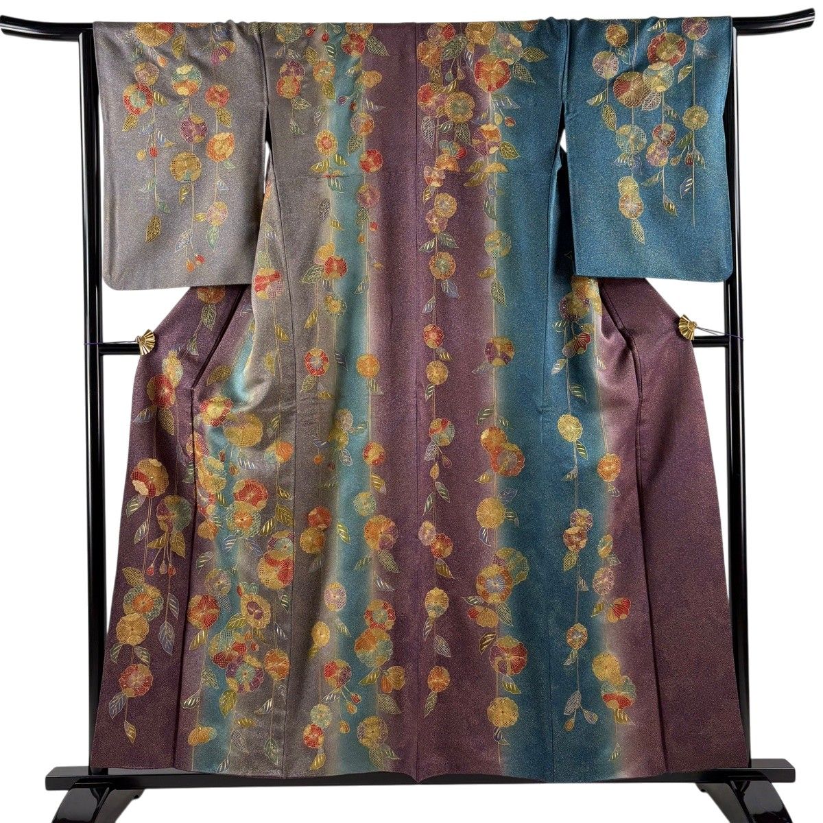 小紋 身丈156.5cm 裄丈65.5cm M 袷 草花 金通し 刺繍 茶紫 正絹 逸品 【中古】