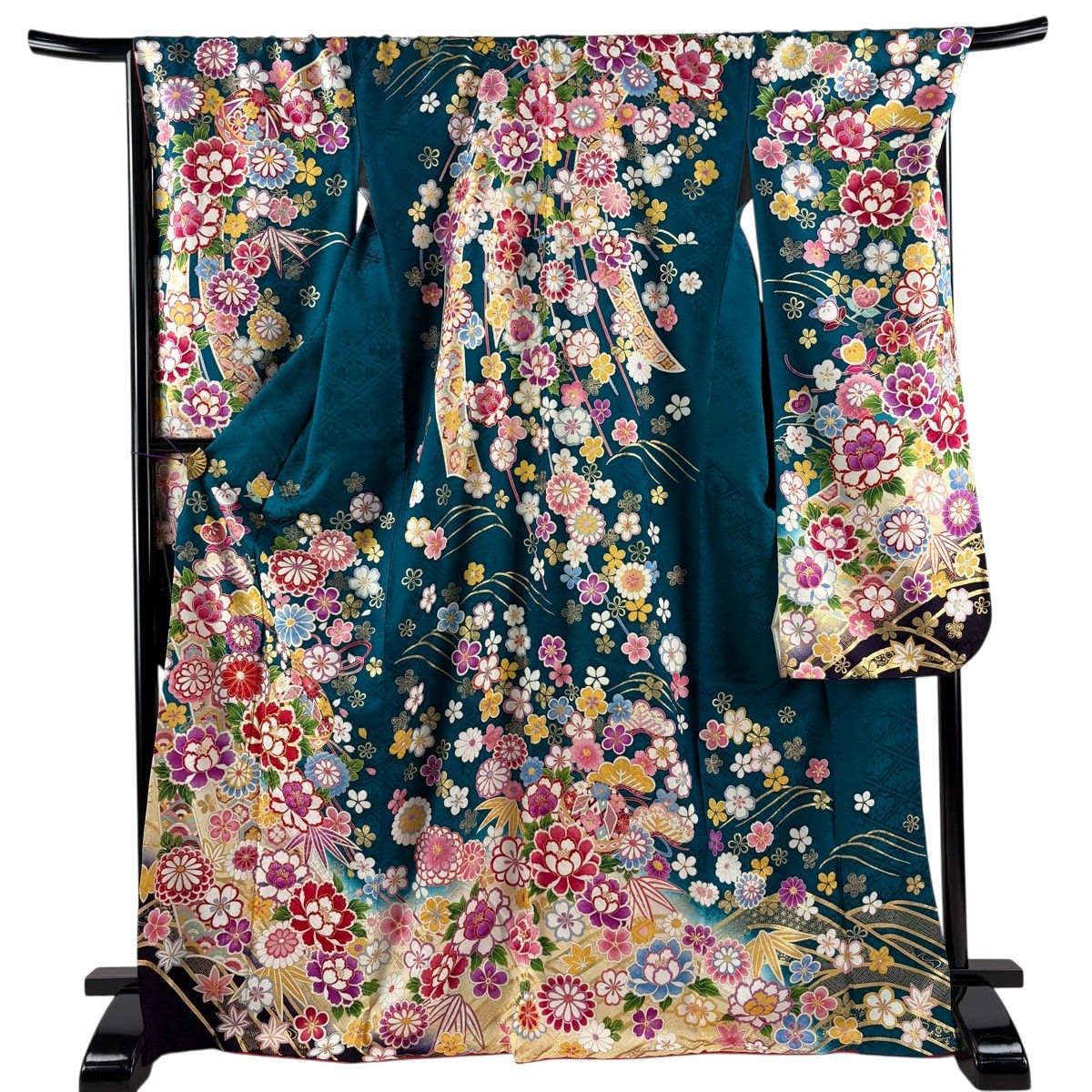 【美品】 振袖 身丈172cm 裄丈70.5cm L 袷 手鞠 松竹梅 金糸 金彩 青緑 正絹 逸品 【中古】