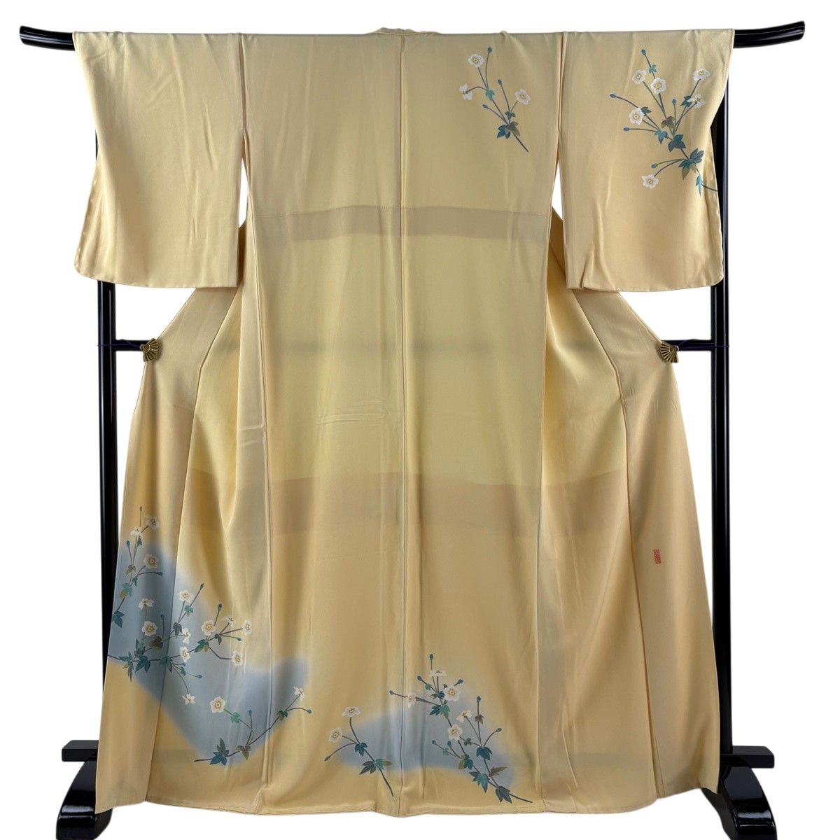 訪問着 身丈168cm 裄丈69.5cm L 袷 下村陽明 加賀友禅 落款 証紙 枝花 染め分け ぼかし 薄黄 正絹 逸品 【中古】
