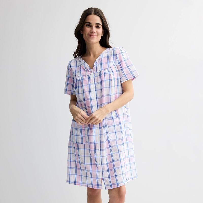 クロフト＆バロー レディース アンダーウェア ナイトウェア Womens Croft Barrowoven Zip Short Robe Summer Plaid Pink ピンク