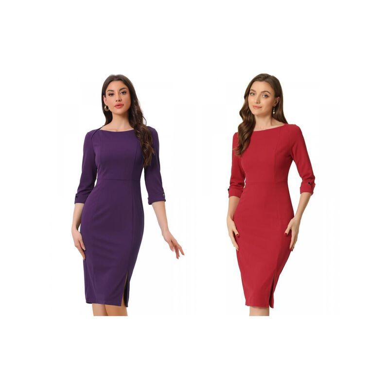 アレグラ ケー レディース トップス ワンピース ミディ ALLEGRA K 2 Packs Womens Elegant Boat Neck 34 Sleeves Wear to Work Midi