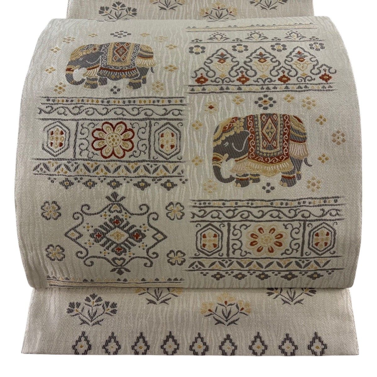 【美品】 袋帯 逸品 象 草花 薄茶色 六通 正絹 【中古】
