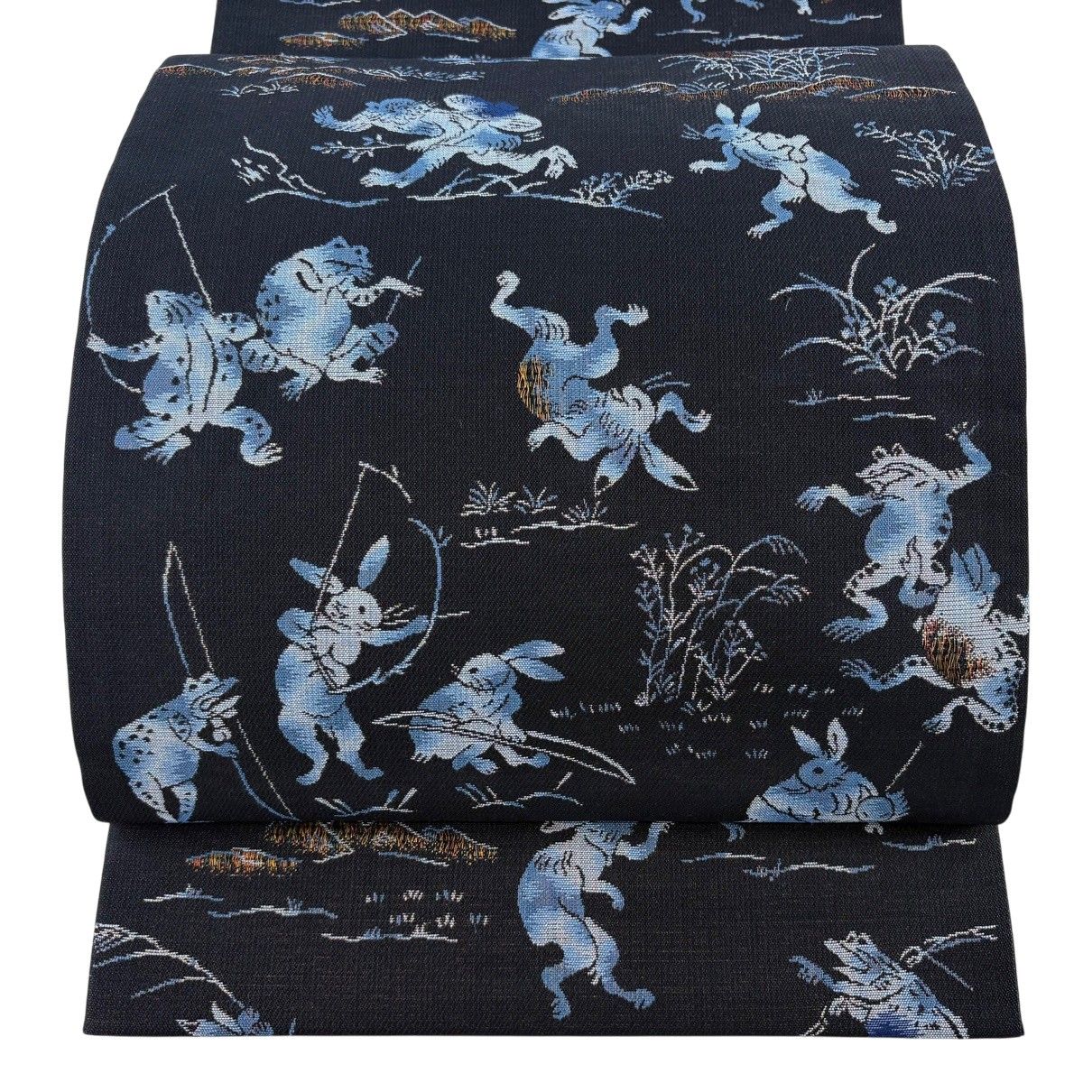 【美品】 袋帯 逸品 鳥獣戯画 金糸 濃紺 六通 正絹 【中古】