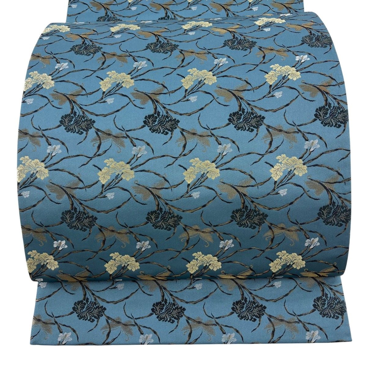 【美品】 袋帯 逸品 菱屋善兵衛 落款 草花 蝶 金糸 青灰色 六通 正絹 【中古】