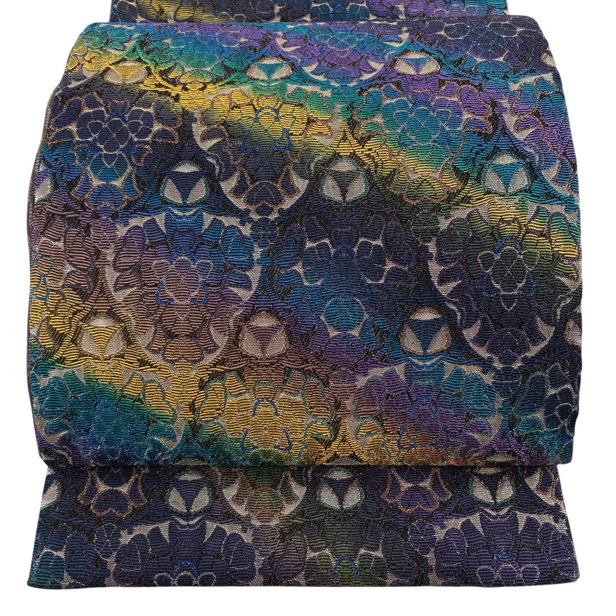 【美品】 袋帯 逸品 落款 喜八郎 花 幾何学模様 箔 濃紫 六通 正絹 【中古】