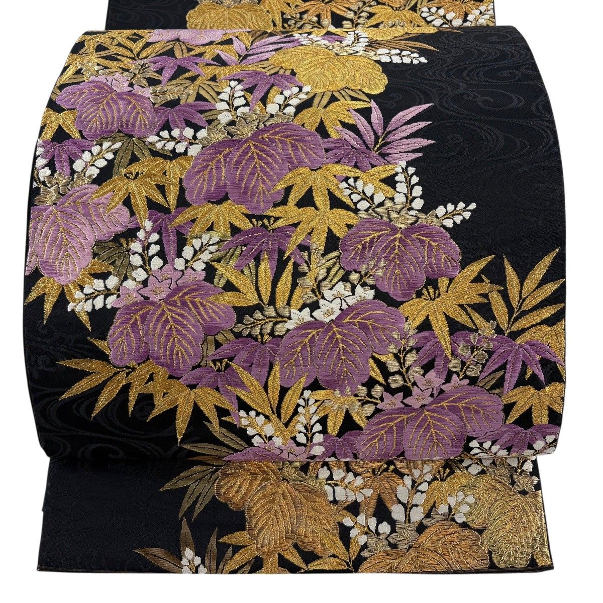 【美品】 袋帯 逸品 じゅらく 落款 帝王紫 あけぼの繭 桐 笹 金糸 箔 黒 お太鼓柄 正絹 【中古】