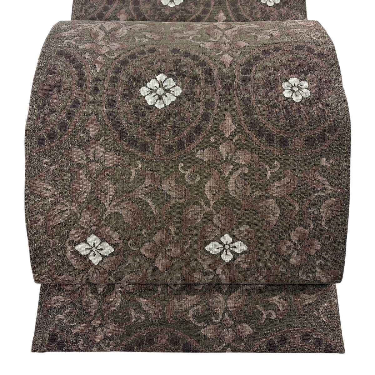 【美品】 袋帯 逸品 本袋 華文 花唐草 箔 灰茶 全通 正絹 【中古】