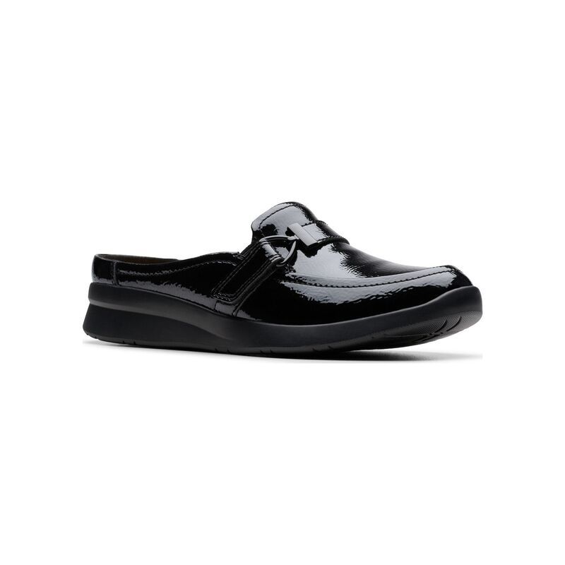 クラークス レディース シューズ サンダル Clarks Ellowyn Amelia WomenslipOn Mules Black Crinkle Patent ブラック