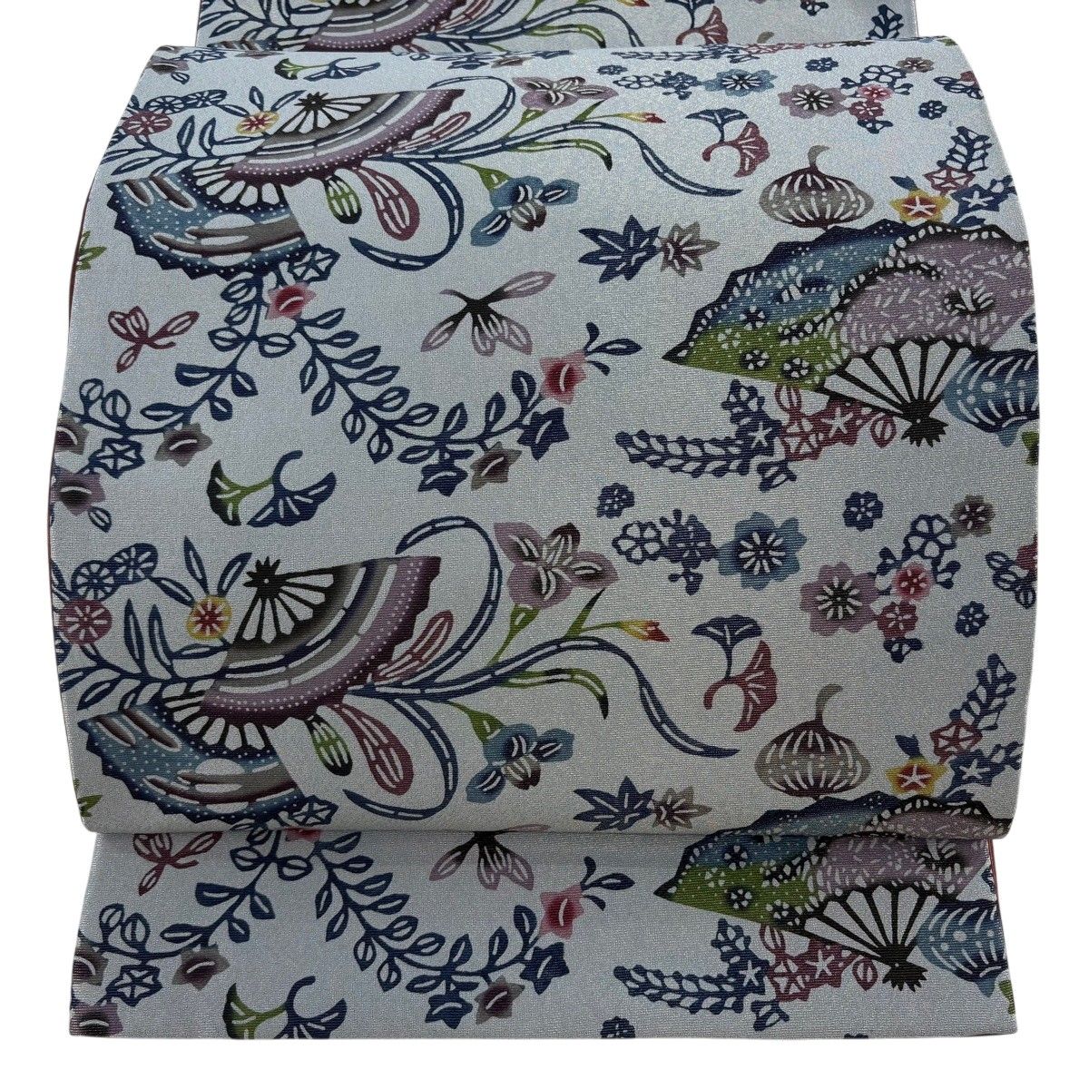 【美品】 袋帯 逸品 扇 草花 金通し 青灰色 全通 正絹 【中古】