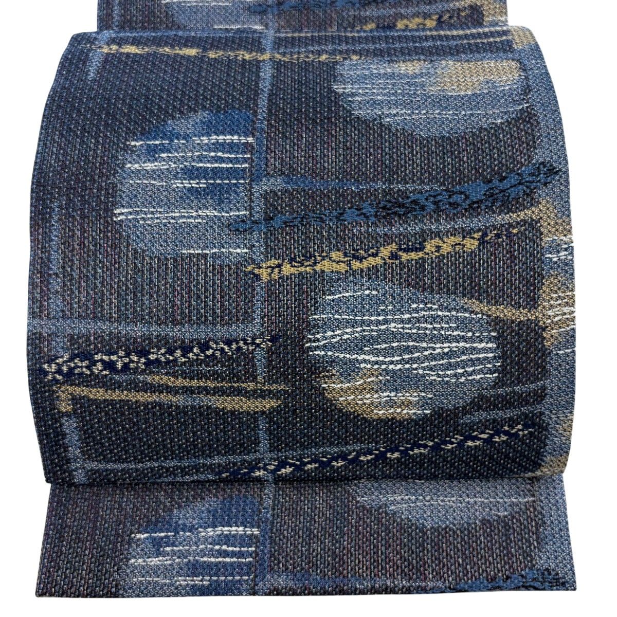 【美品】 袋帯 逸品 証紙 天然藍染 幾何学模様 金糸 藍色 六通 正絹 【中古】