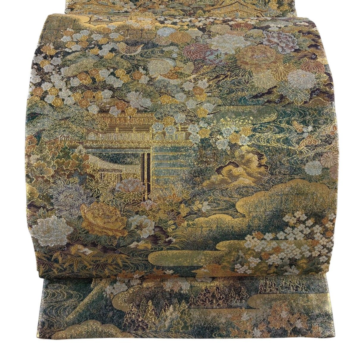 【美品】 丸帯 逸品 壱千八百口 総柄丸帯 建物 花鳥 箔 金糸 金色 お太鼓柄 正絹 【中古】