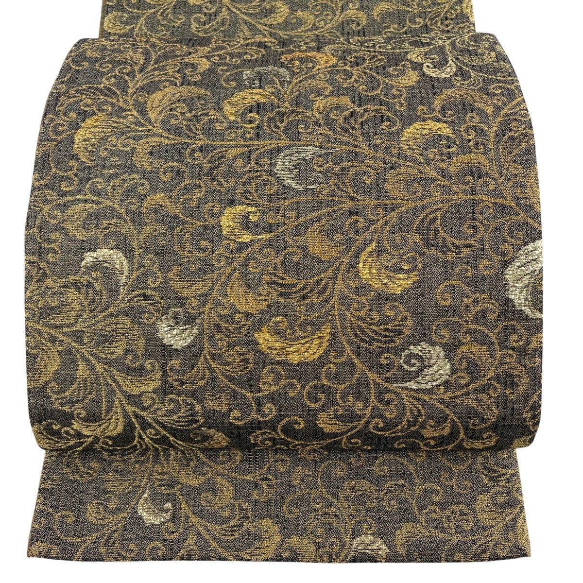 【美品】 袋帯 逸品 誉田屋源兵衛 落款 唐草 葉柄 箔 金色 お太鼓柄 正絹 【中古】