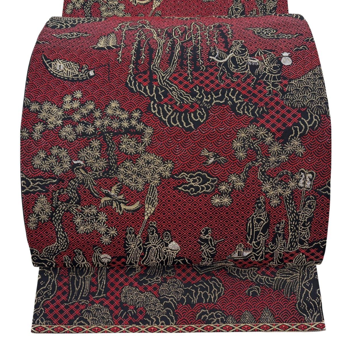 【美品】 袋帯 逸品 龍村晋 落款 関西仕立て 人物 樹木 金銀糸 箔 赤 全通 正絹 【中古】