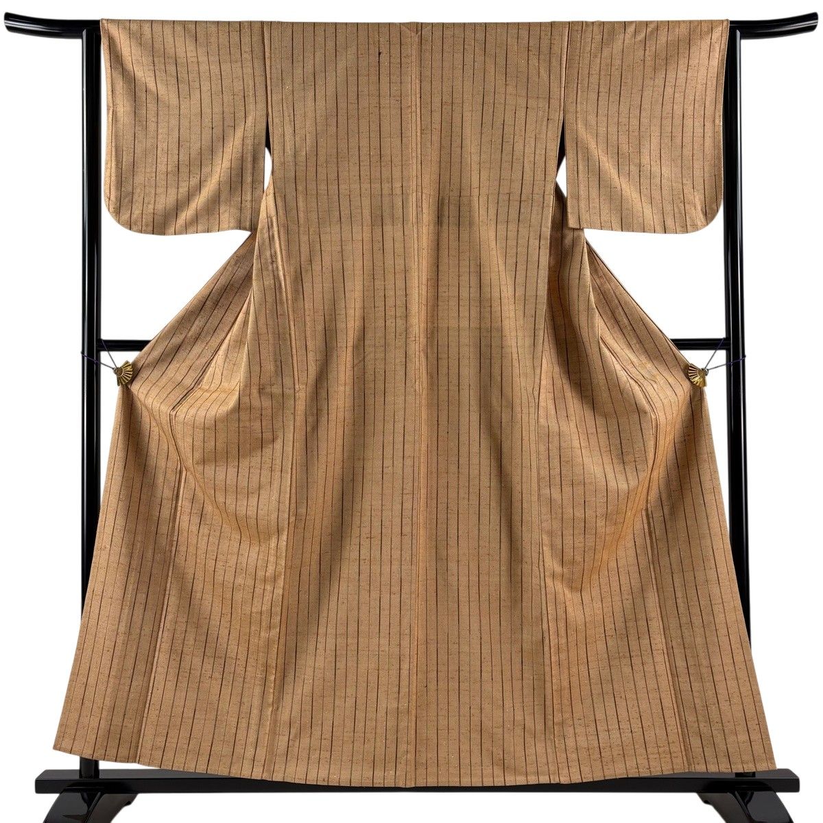 【美品】紬 身丈157.5cm 裄丈63cm S 単衣 縦縞 ざざんざ織 薄茶色 正絹 逸品 【中古】